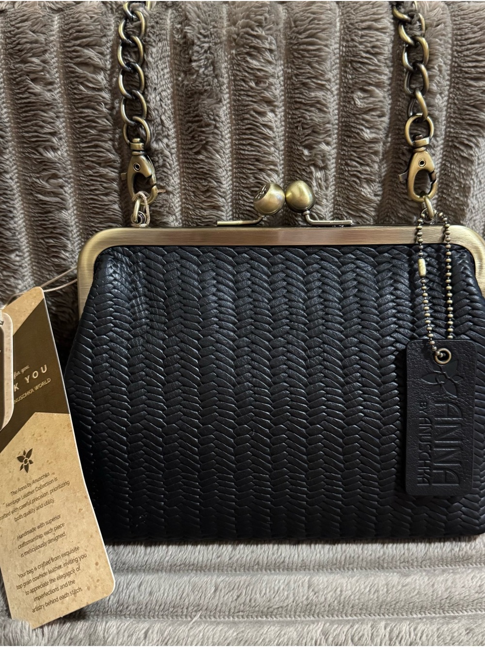 Anna by Anuschka Black Woven Leather Frame-Top Crossbody handbag Gold Hardware